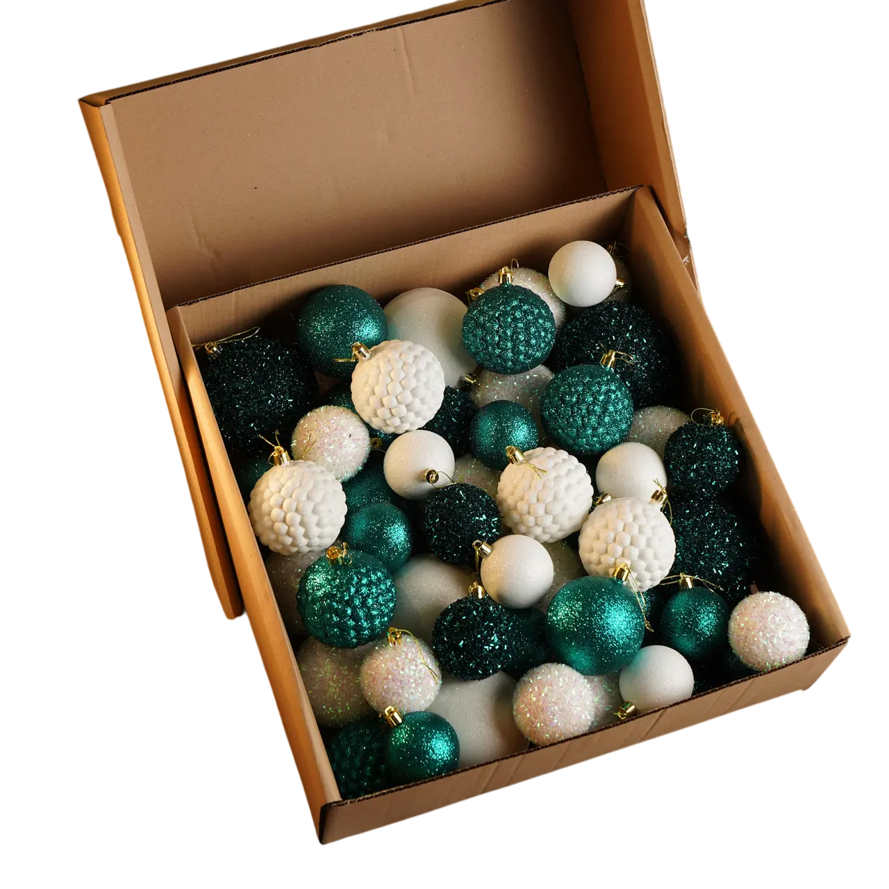 Новорічний набір ялинкових куль Блиск із пластику з блискітками 40 шт. Смарагдово-білий (150-41-Блиск смарагд.)
