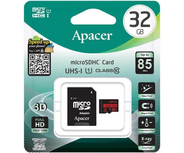 Карта памяти Apacer MicroSDHC Class 10 85 MB/s/адаптер 32 Gb Black