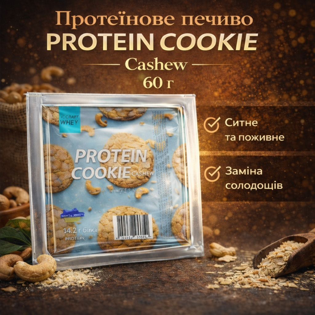 Протеиновое печенье Protein Cookie Cashew без сахара с белком 60 г 1 шт. - фото 2 Протеиновое печенье Protein Cookie Cashew без сахара с белком 60 г 1 шт. - фото 2