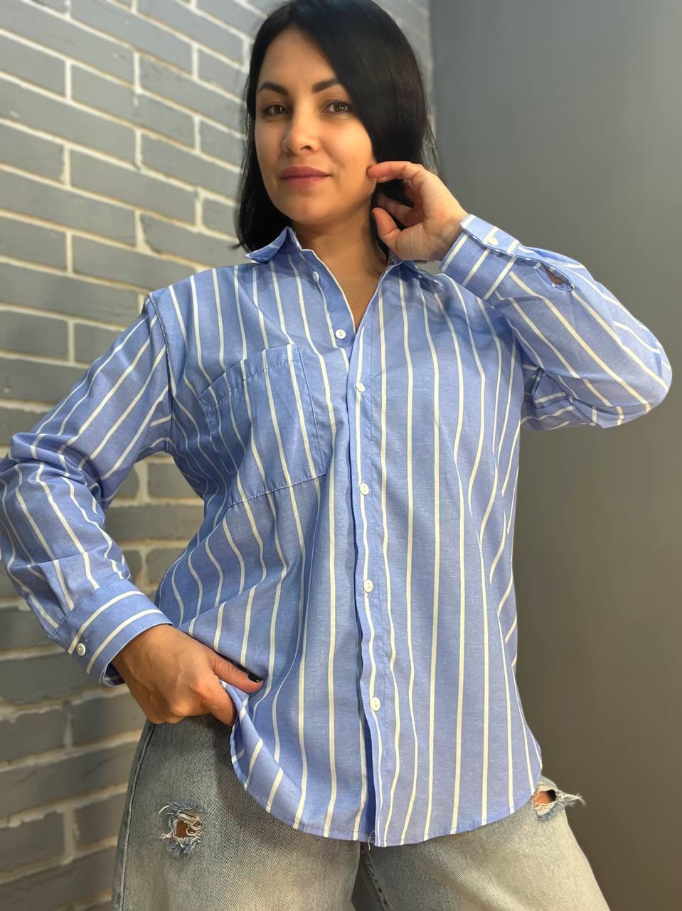Сорочка жіноча MIX RAY 4367 оверсайз подовжена широка смуга S Блакитний (1638) - фото 7 Сорочка жіноча MIX RAY 4367 оверсайз подовжена широка смуга S Блакитний (1638) - фото 7