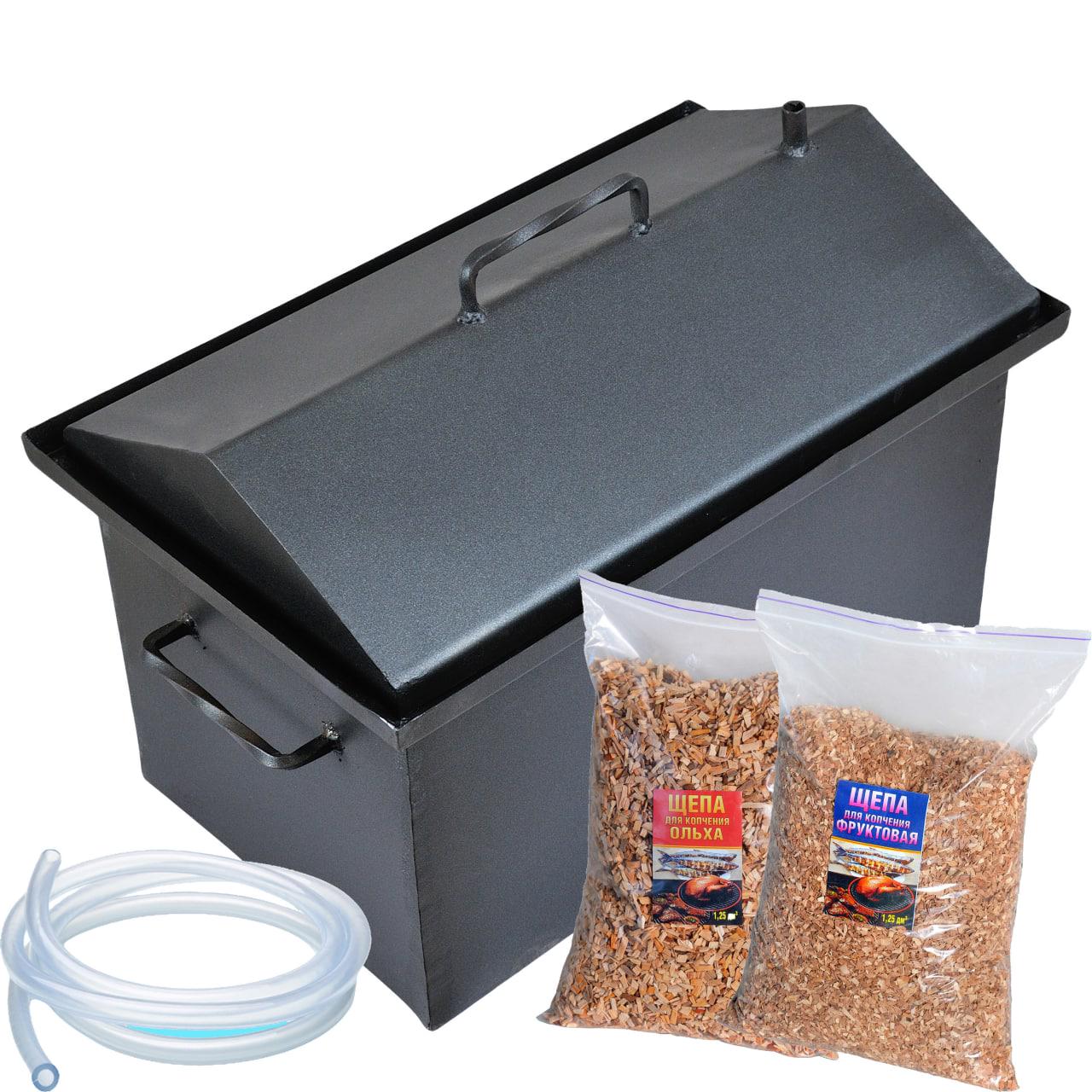 Коптильня горячего копчения 1,2 мм 520х320х290 мм крашеная 2 кг щепа и 5 м шланг Коптильня горячего копчения 1,2 мм 520х320х290 мм крашеная 2 кг щепа и 5 м шланг