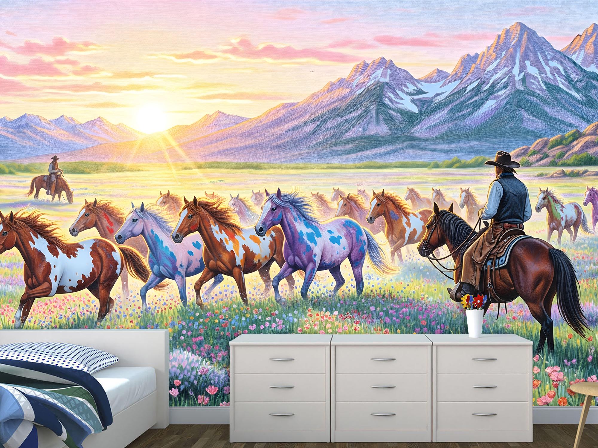 Фотообои флизелиновые Upstream Дикая мера: ковбои наблюдают за табуном лошадей 180х120 см (S5NTR-107/2) - фото 5