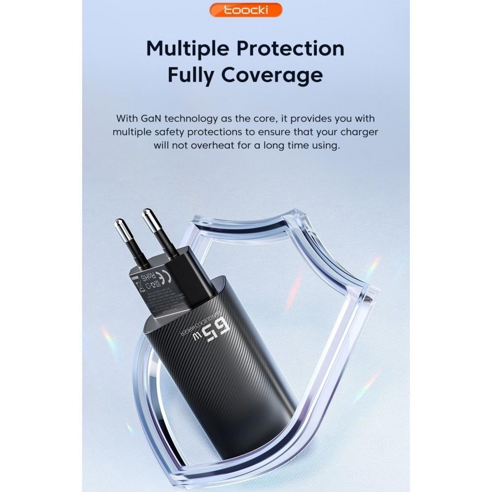 Зарядний пристрій мережевий Toocki GAN 65W 2 type-c з кабелем Black (25397353) - фото 8 Зарядний пристрій мережевий Toocki GAN 65W 2 type-c з кабелем Black (25397353) - фото 8