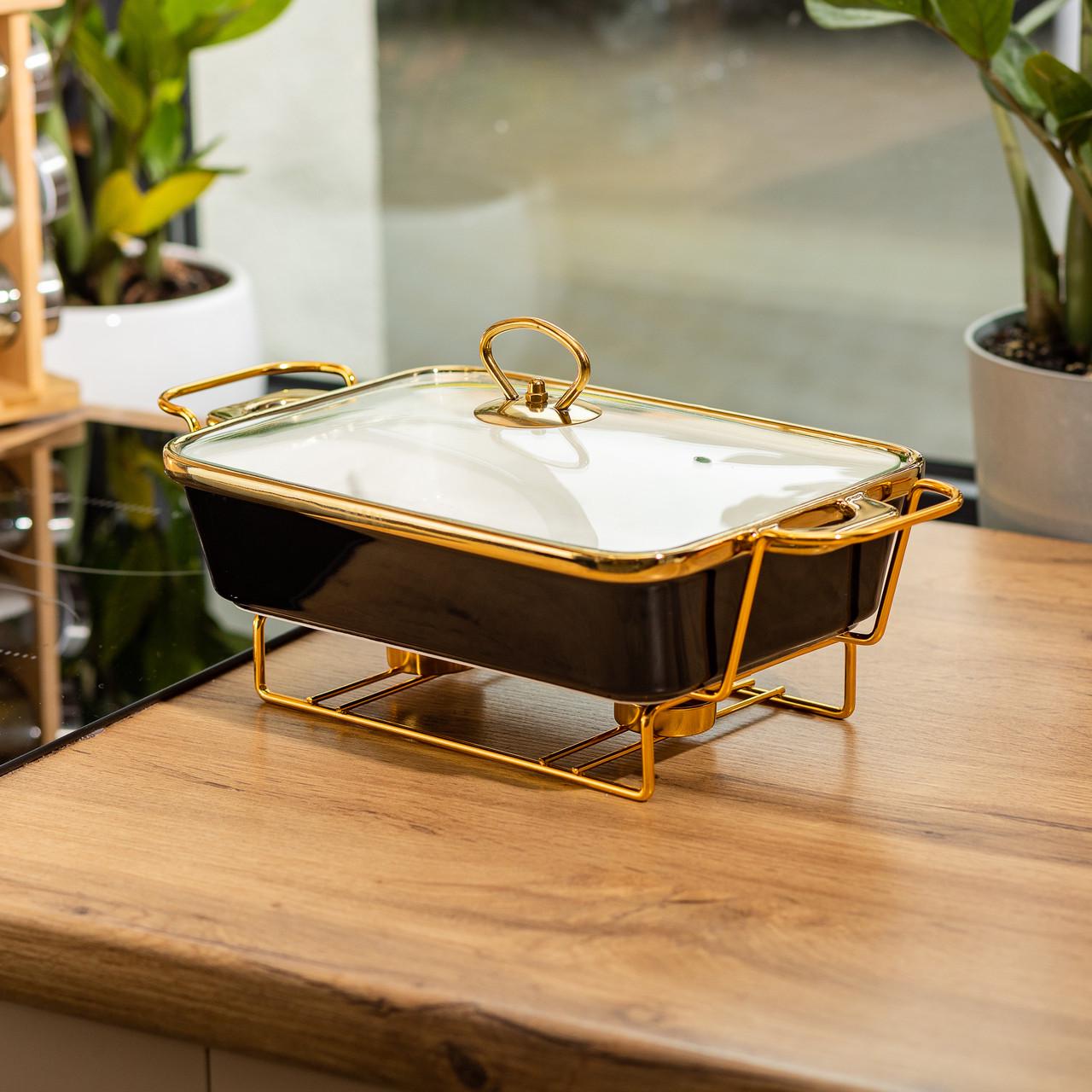 Мармит фарфоровый со стеклянной крышкой на металлической подставке 35,5х19х15,5 см 1,5 л Черный - фото 1