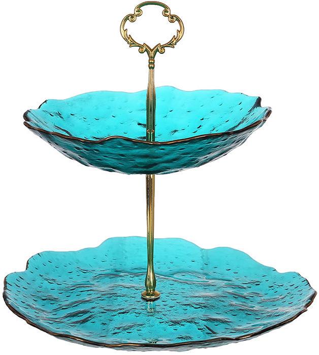 Фруктовница фуршетная стойка Fleur 2-х ярусная Ø20 см/Ø26 см Бирюзовый с золотым ободком