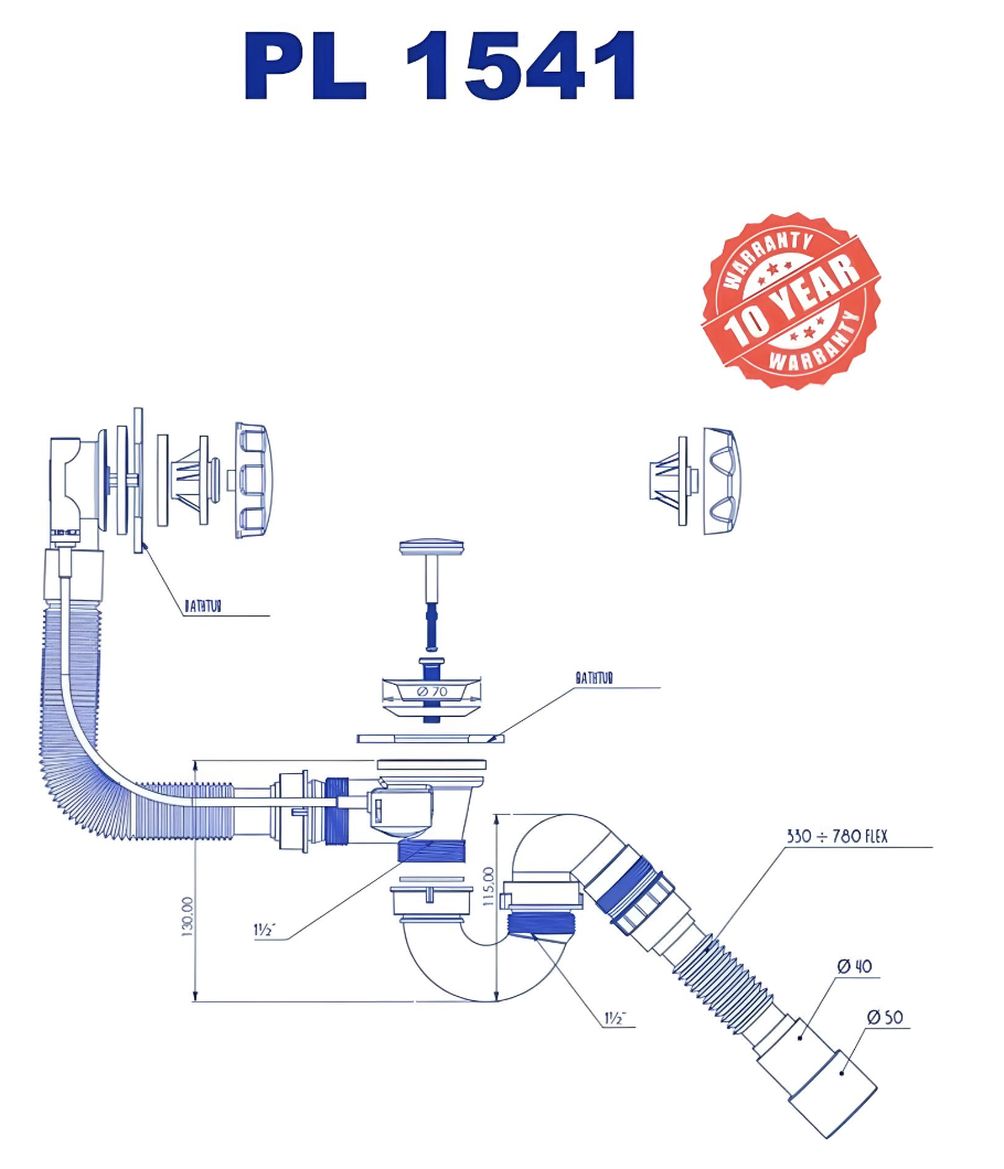 Сифон-автомат для ванны Bakimay 70 мм гофротруба с круглым переливом (PUD-1541) - фото 4 Сифон-автомат для ванны Bakimay 70 мм гофротруба с круглым переливом (PUD-1541) - фото 4