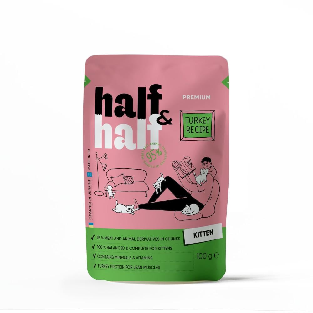 Корм вологий HalfHalf для кошенят шматочки з індичкою у желе у формі пауча 100 г (34806796)
