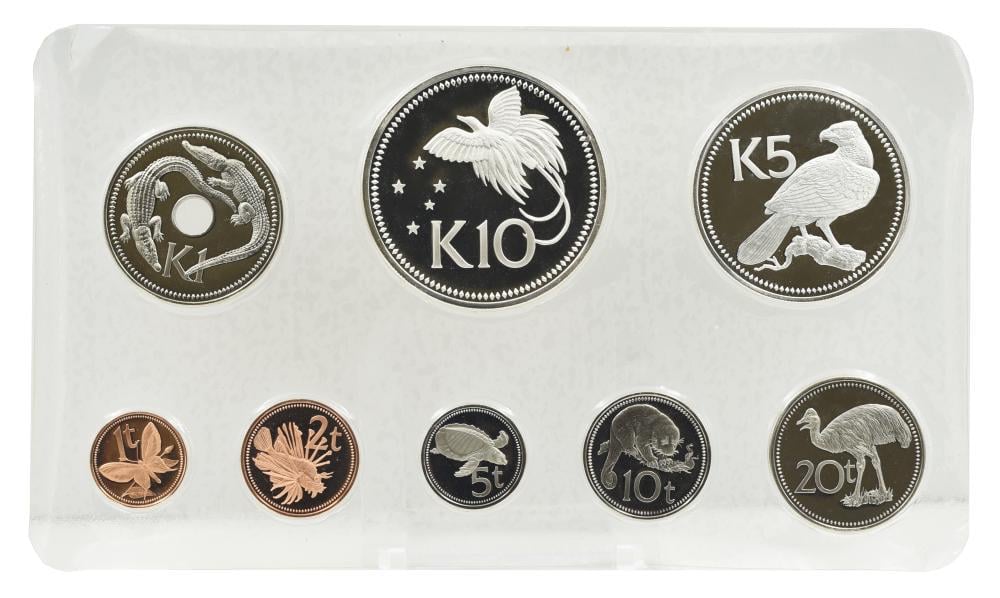 Набор коллекционных монет Папуа-Новая Гвинея 1975 Proof 1/2/5/10/20 тойя/1/5/10 кино 5 и 10 кино серебро 8 шт. (35867454)