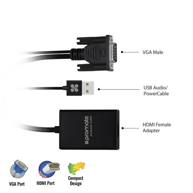 Перехідник Promate ProLink-V2H HDMI/VGA USB Black - фото 2