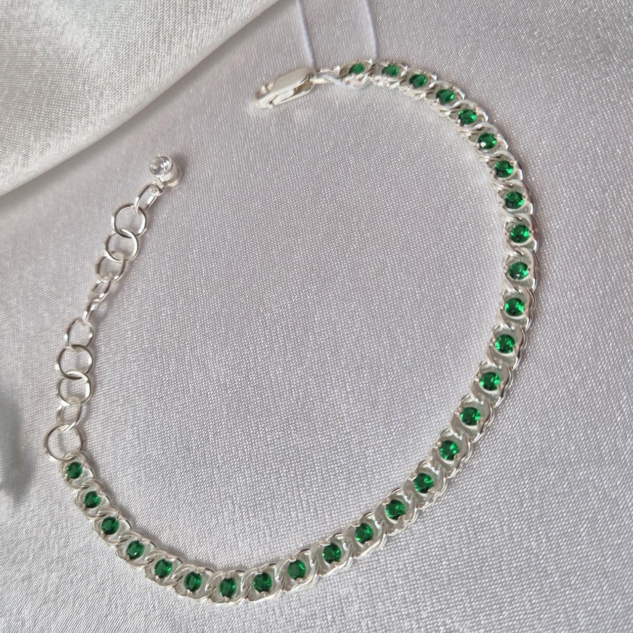 Браслет на руку арабский бисмарк с зелеными камнями серебро 925 пробы 6,45 г 16-20 см (7003мзел)