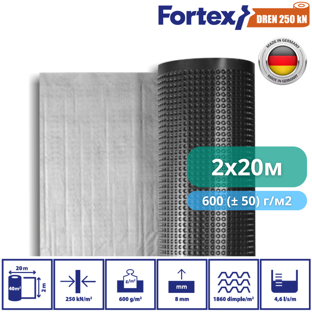 Мембрана для фундамента дренажная с геотекстилем Fortex Dren 250 кН 2x20 м 40 м2 (340050) - фото 2