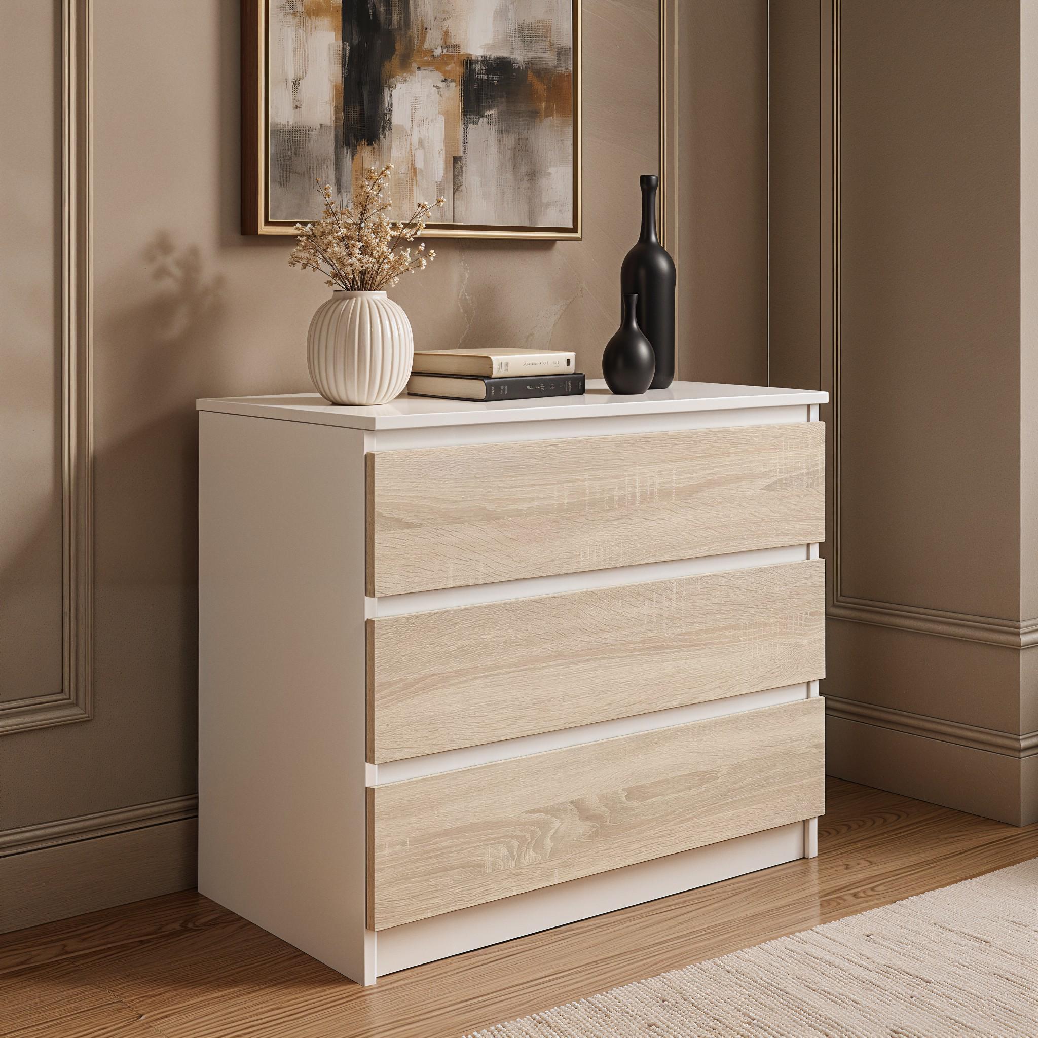 Комод на 3 ящика без ручек FT-214 800х400х755 мм Белый/Дуб сонома - фото 2