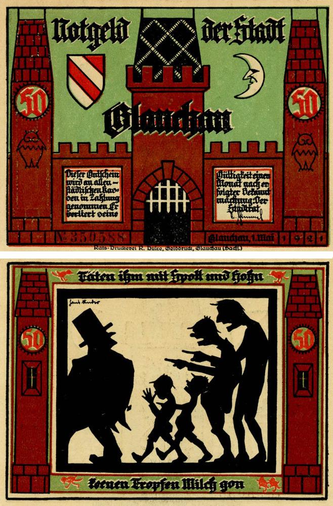 Коллекционная банкнота Германия Нотгельд 50 пфеннигов 1921 F-VF Глаухау Разновидность 6 (Б18826)