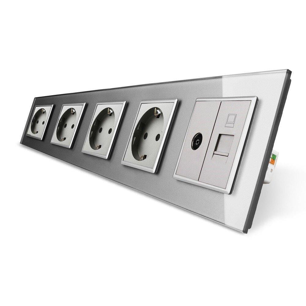 Розетка пятиместная Livolo комбинированная силовая интернет/ТВ стеклянная Серый (VL-C7C4EU1C1V-15)