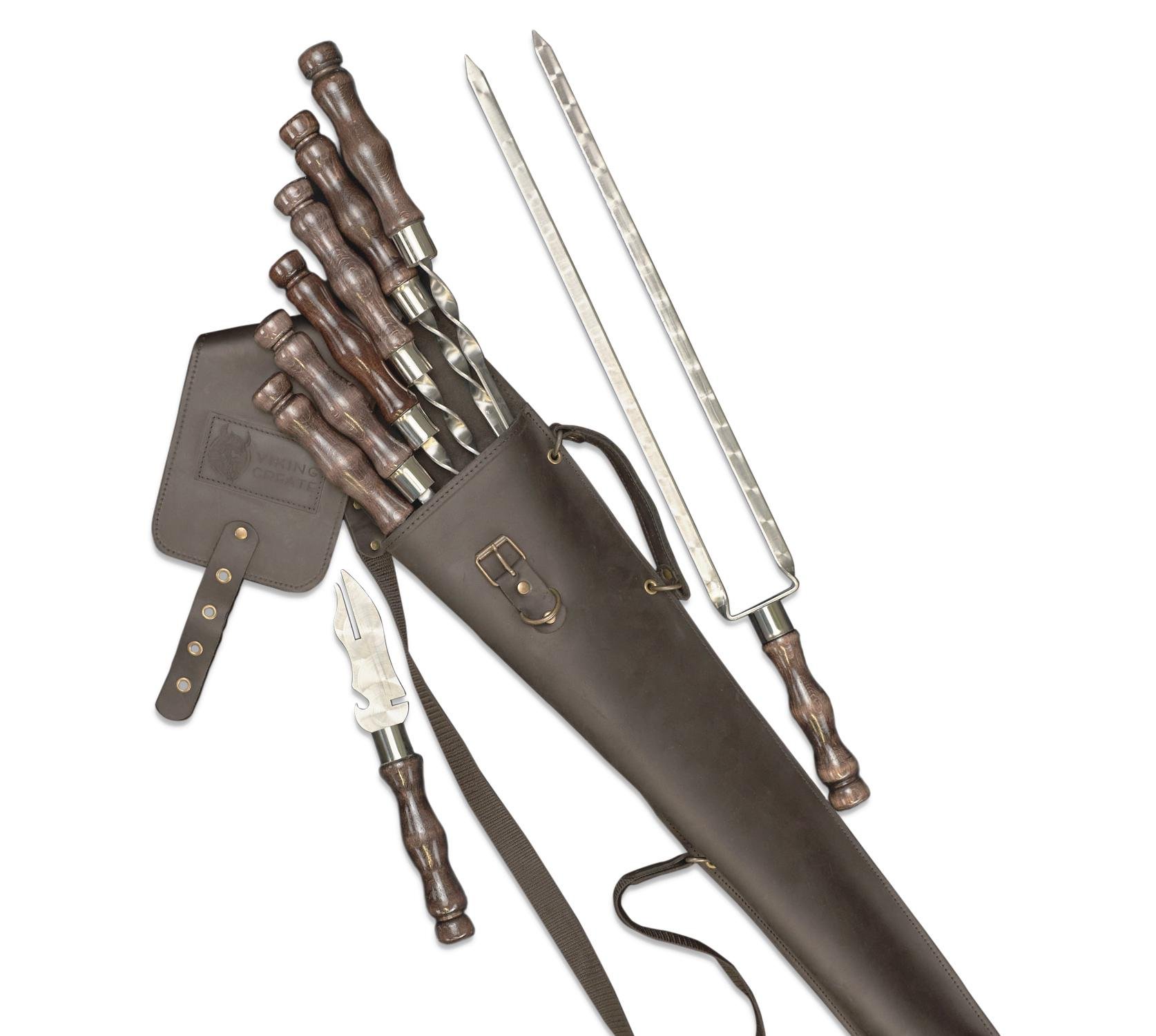 Подарочный набор шампуров в кожаном кейсе премиум-набор для шашлыка и барбекю Асгард 8 предметов Темно-коричневий