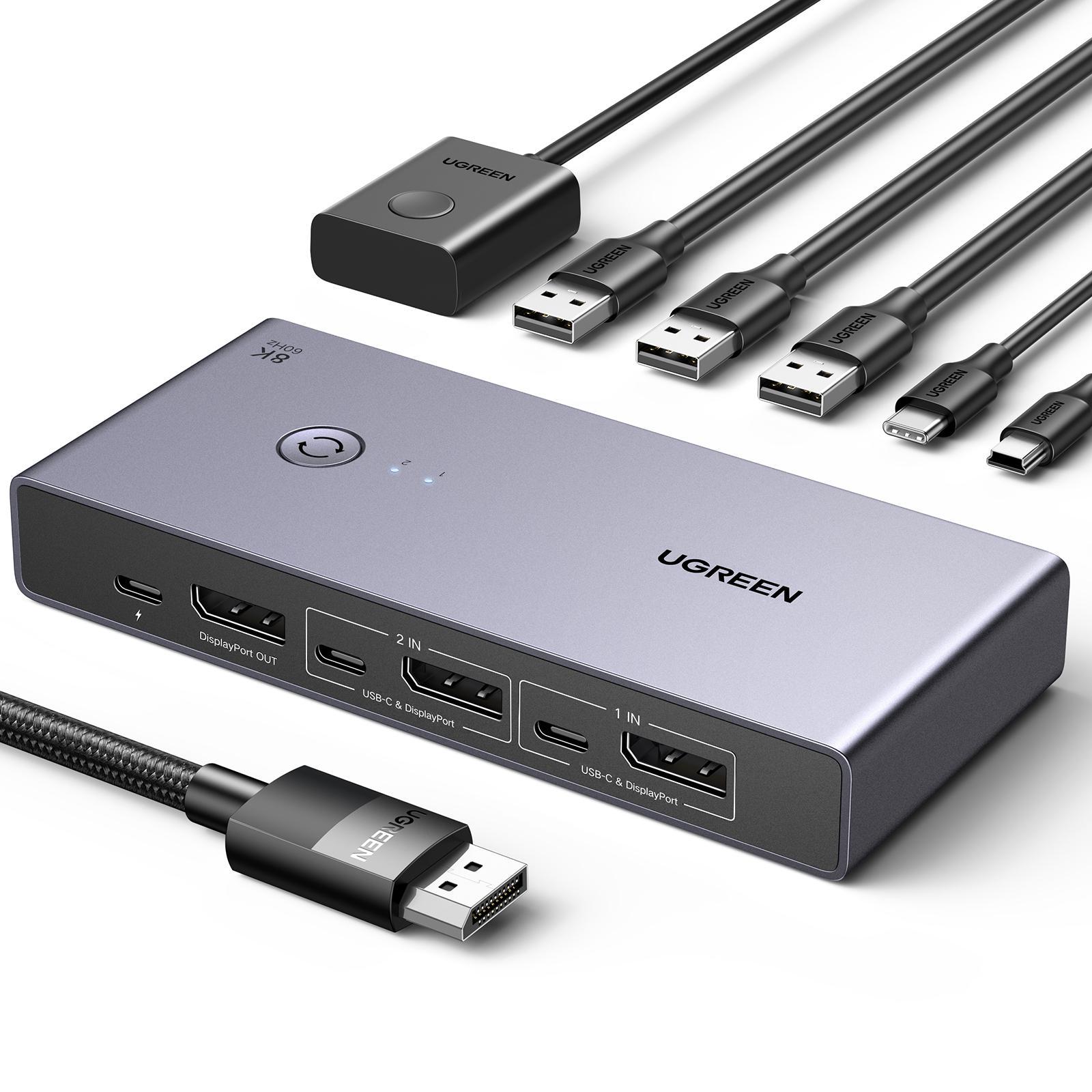 KVM-перемикач для 2 ПК UGREEN CM695 DisplayPort 1.4/8K 60Hz/USB 3.0 Сірий (25962)