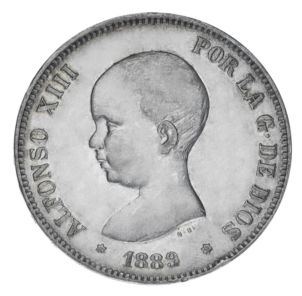 Коллекционная монета Испания 5 песет 1889 серебро F-VF Король Альфонсо XIII 1886 1931 Ag 900 25 г (М19780)