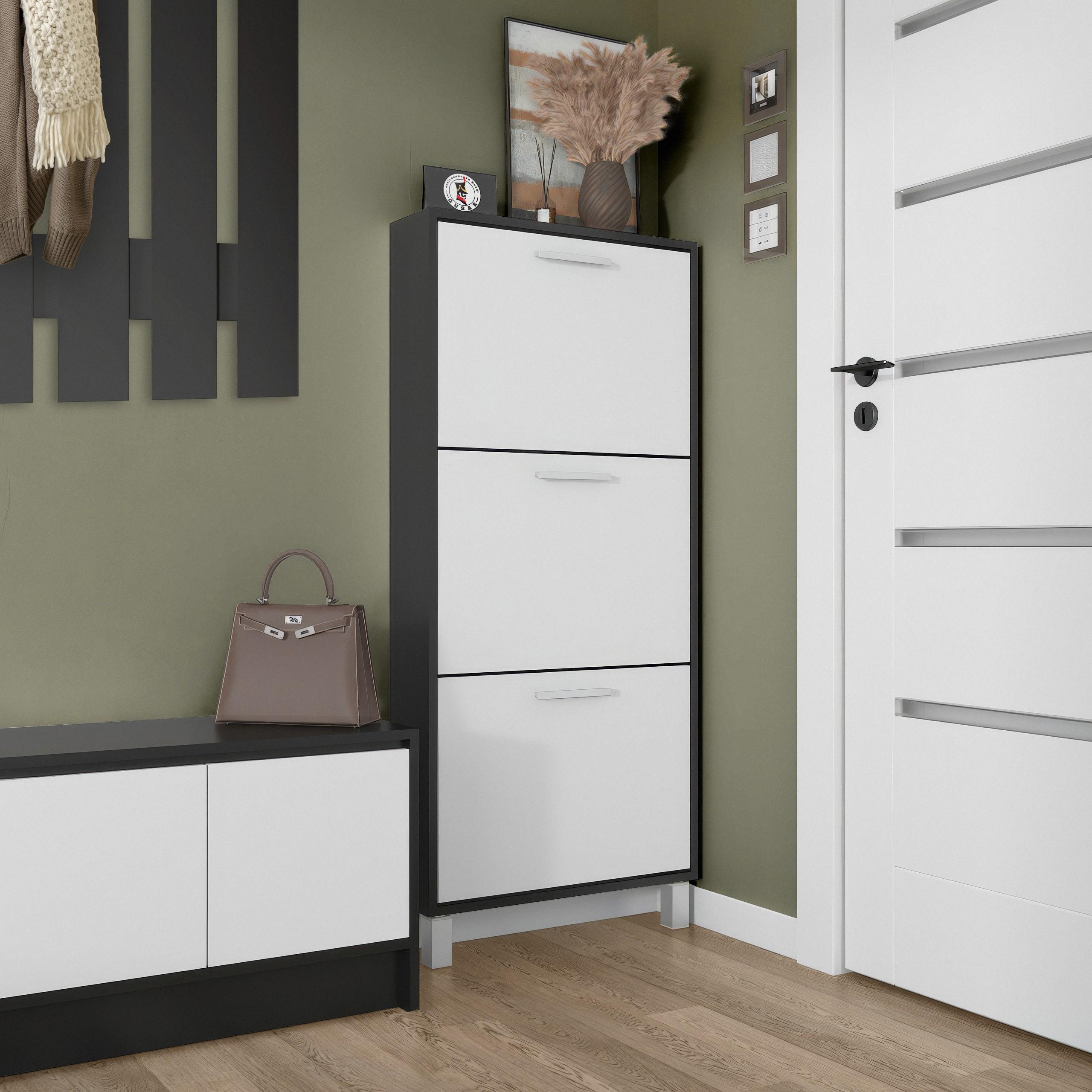 Тумба для взуття на 3 шухляди F-160 590х160х1350 мм Чорний/Білий - фото 1