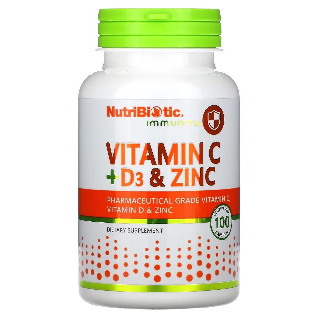 Витамины NutriBiotic Immunity C+D3 и цинк 100 капсул (NBC-00520)