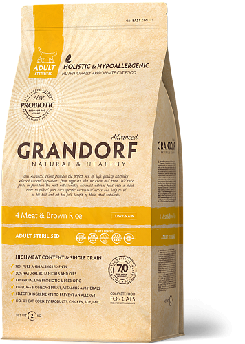 Корм сухой гипоаллергенный для котов Grandorf Living Probiotics 4 Meat & Brown Rice Sterilized 400 г (24148921)