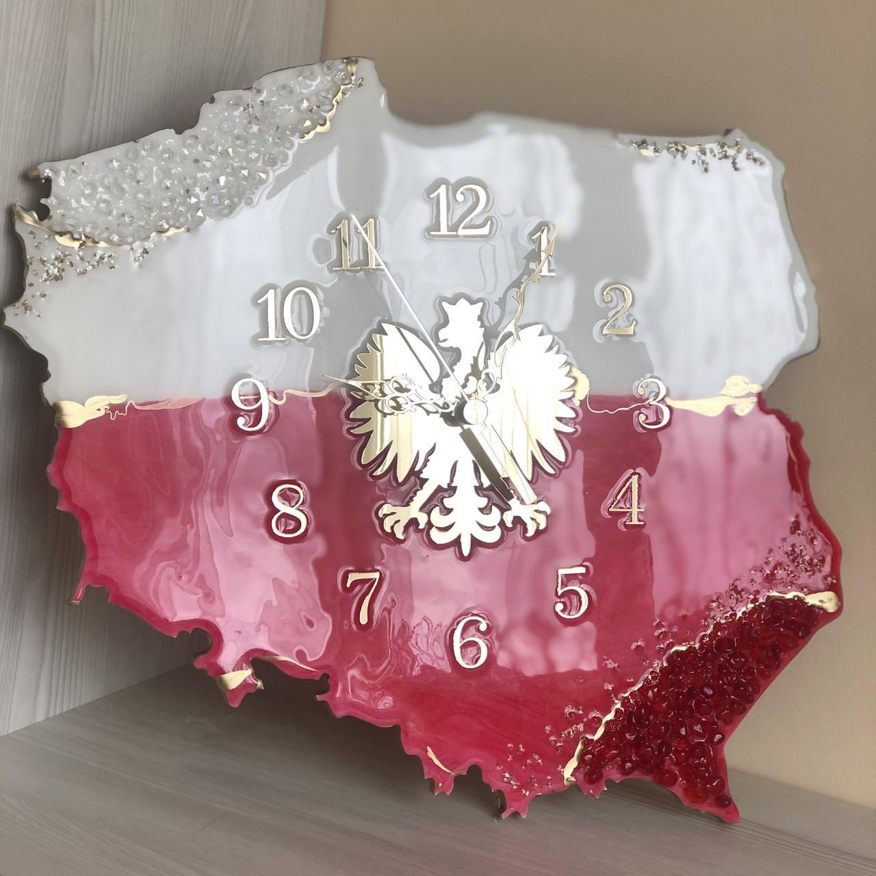 Часы настенные из эпоксидной смолы Карта Польши 70х63 см