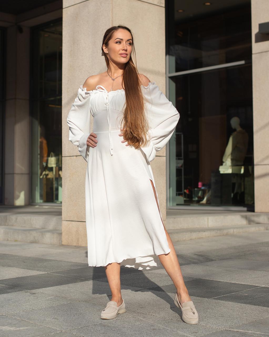 Платье женское миди из креп-жатки Белый - фото 6 Платье женское миди из креп-жатки Белый - фото 6