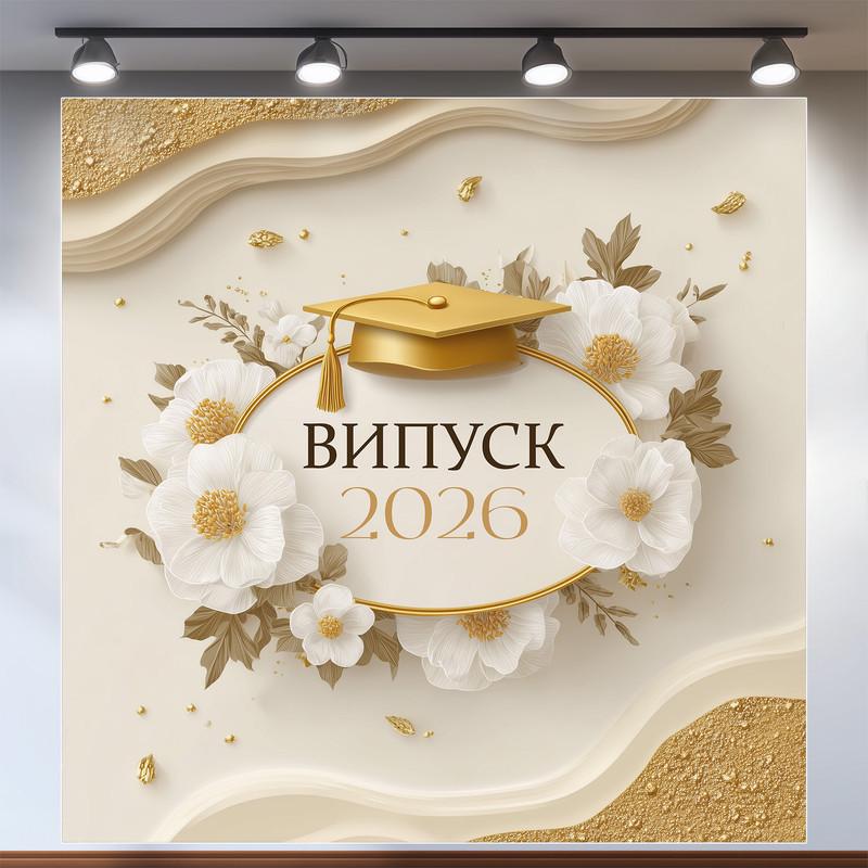 Баннер для фотозоны "Випуск 2026" с золотыми цветами и академической шапкой 200x200 см №41054 Баннер для фотозоны "Випуск 2026" с золотыми цветами и академической шапкой 200x200 см №41054