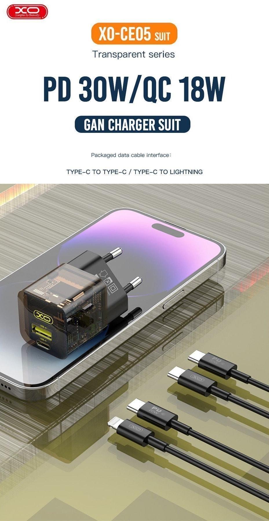 Зарядка швидка Xo CE05 QC3.0 PD30W Type C/USB кабель Type-C Brown (36823) - фото 4 Зарядка швидка Xo CE05 QC3.0 PD30W Type C/USB кабель Type-C Brown (36823) - фото 4