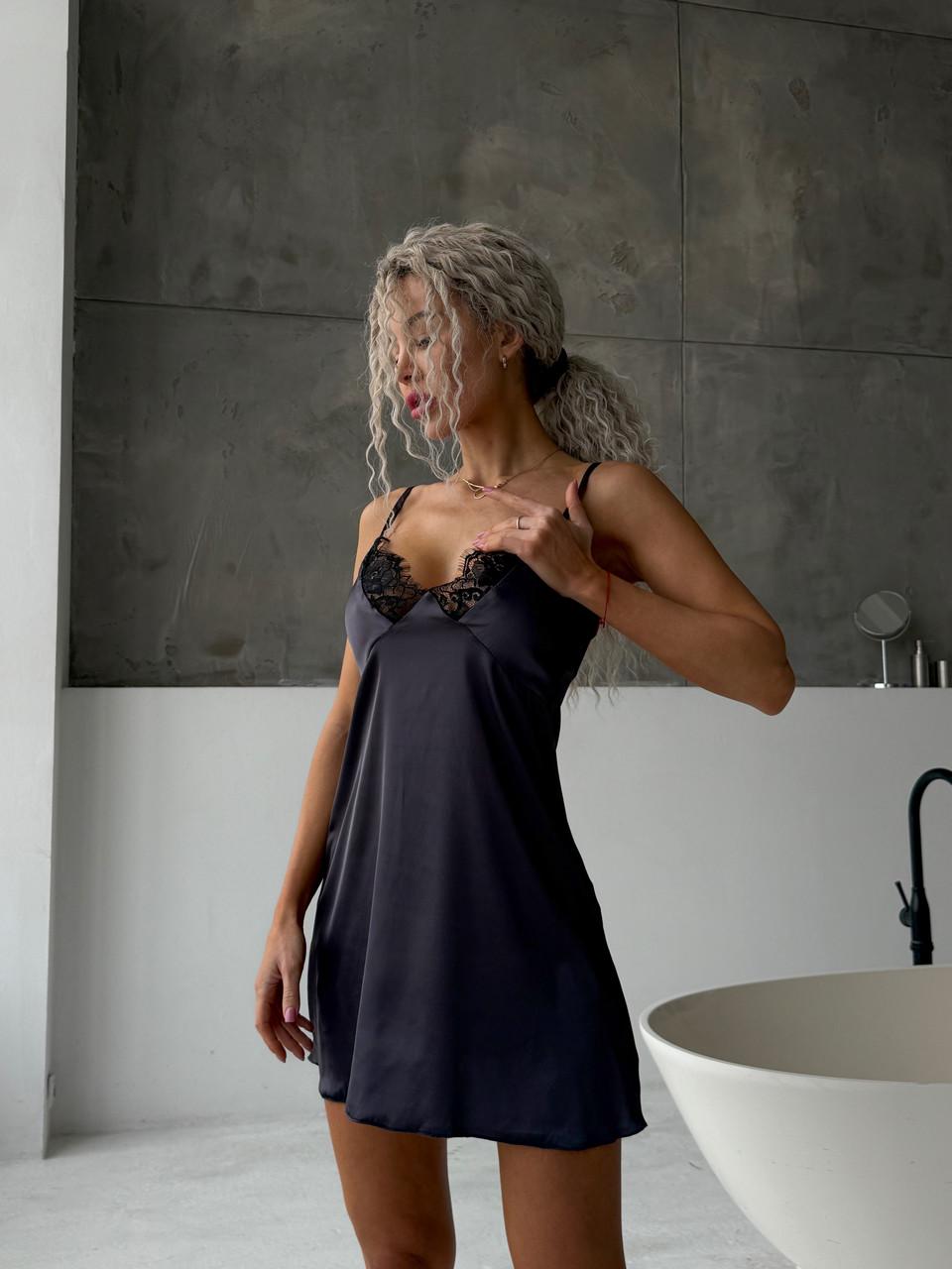 Сорочка женская шелковая с кружевом Графит (2533884054)