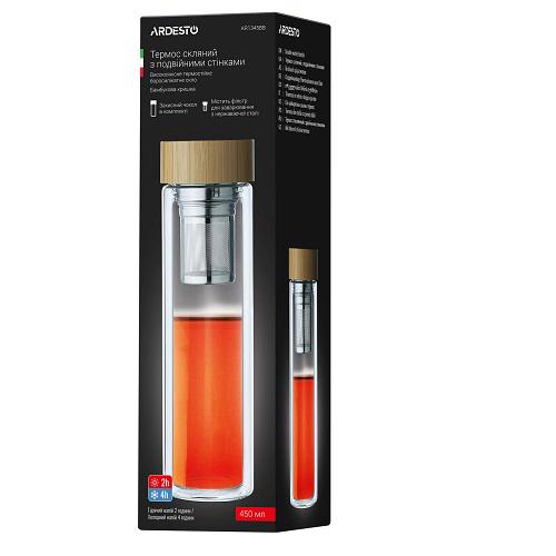 Термос стеклянный с двойными стенками Ardesto AR1345BB боросиликатное стекло бамбуковая крышка 450 мл (585785) - фото 3 Термос стеклянный с двойными стенками Ardesto AR1345BB боросиликатное стекло бамбуковая крышка 450 мл (585785) - фото 3