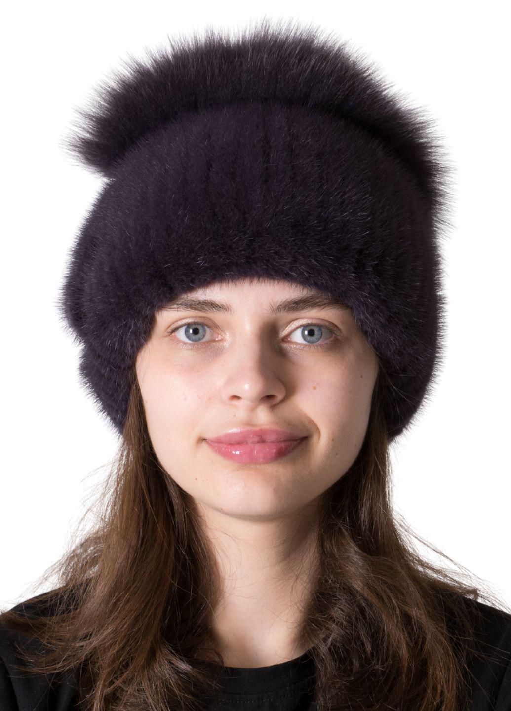 Шапка женская Меховой стиль Спираль из вязаной норки с помпоном из натурального меха M-L Чайная роза (118/N)