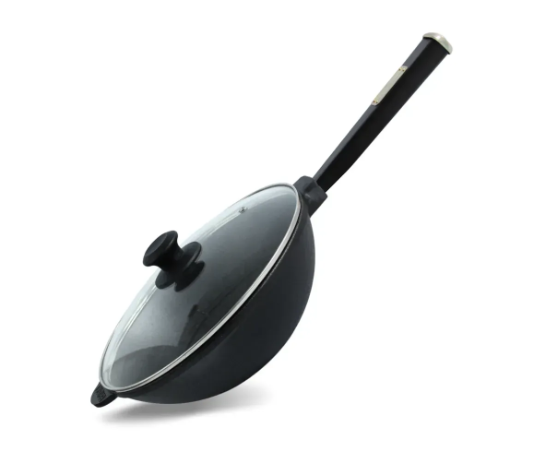 Сковорода чугунная Brizoll WOK с деревянной ручкой и стеклянной крышкой 2,2 л Black (W24HP1-6)
