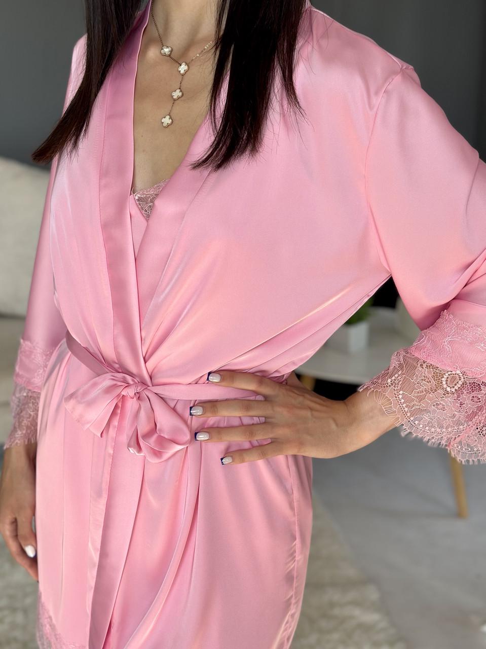 Халат женский шелковый с кружевом 2XL Розовый (2694797940) - фото 9 Халат женский шелковый с кружевом 2XL Розовый (2694797940) - фото 9