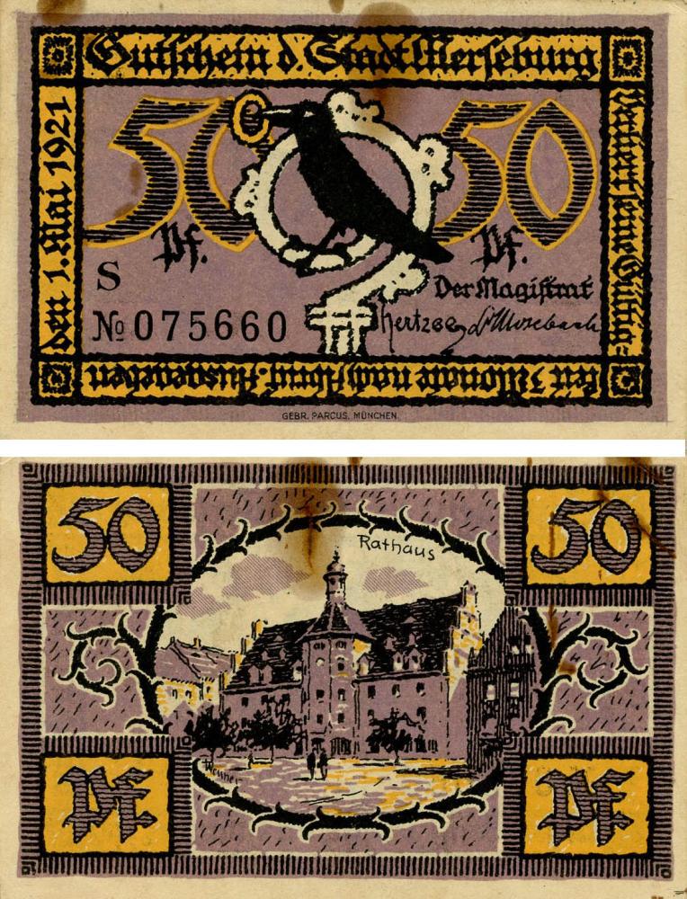 Коллекционная банкнота Германия Нотгельд 50 пфеннигов 1921 G-VG Мерзебург Разновидность 1 (Б18799)