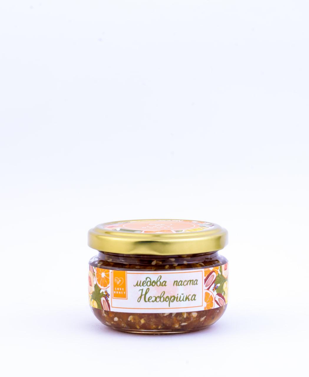 Паста медова LOVE HONEY Нехворійка кеш’ю/курага/фініки/родзинки/кунжут білий/апельсин та травневий мед без цукру 150 г