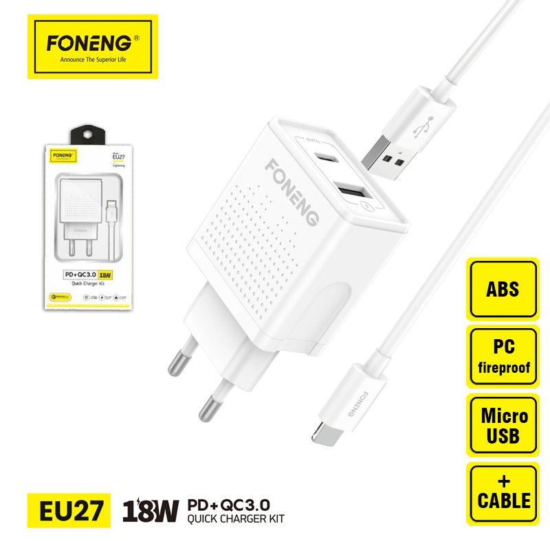 Зарядний пристрій USB/Type-C Foneng з кабелем Micro-USB (EU27M) - фото 2