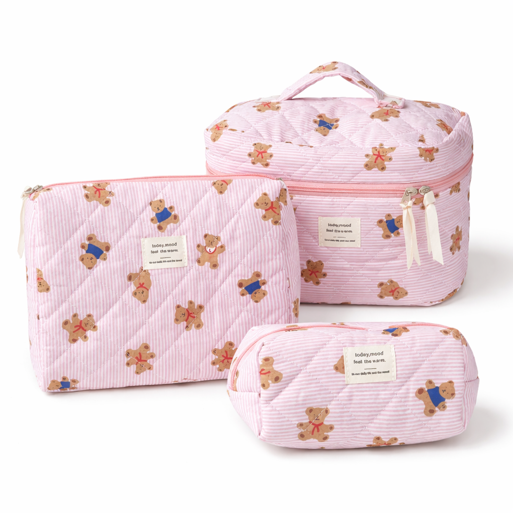 Набор косметичек дорожных Мишки в полоску текстильные стеганные 3 шт. Розовый (33549821)
