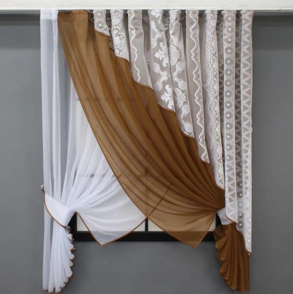 Шторки на кухню 310х170 см Білий/Коричневий (063к)