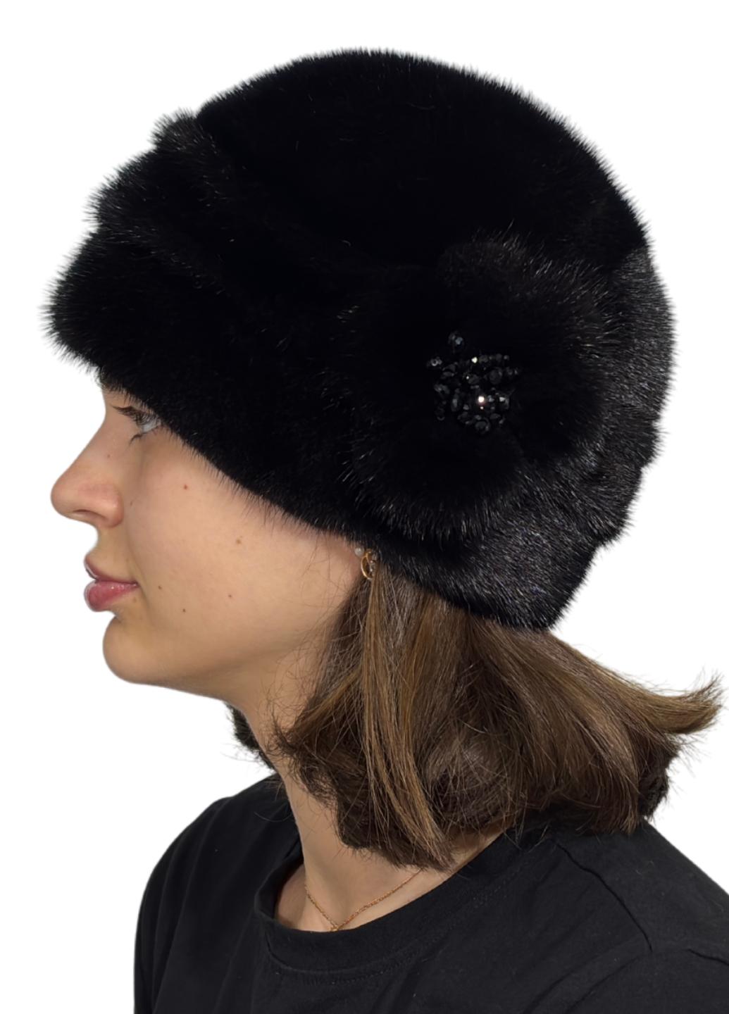 Женская шапка Меховой стиль Шарик из натурального меха норки XL-XXL Черный (044/Е)