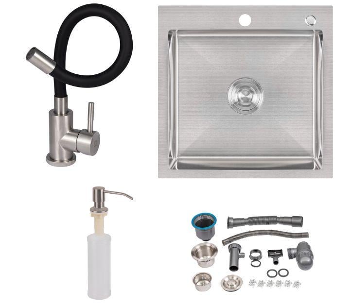 Кухонна мийка Lidz Aria 015F3 з дозатором для миючого засобу та змішувачем із гнучким виливом 50х50 см Brush