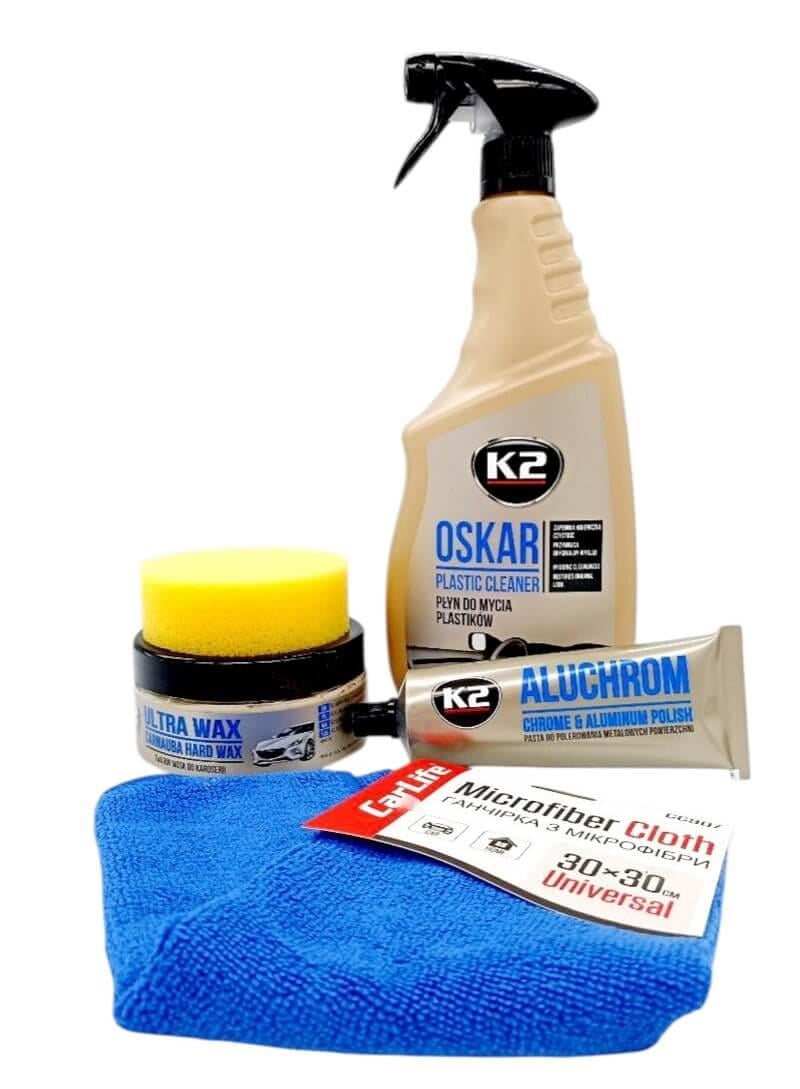 Набор К2 для блеска жесткий воск и паста для хрома и очиститель пластика микрофибра в комплекте
