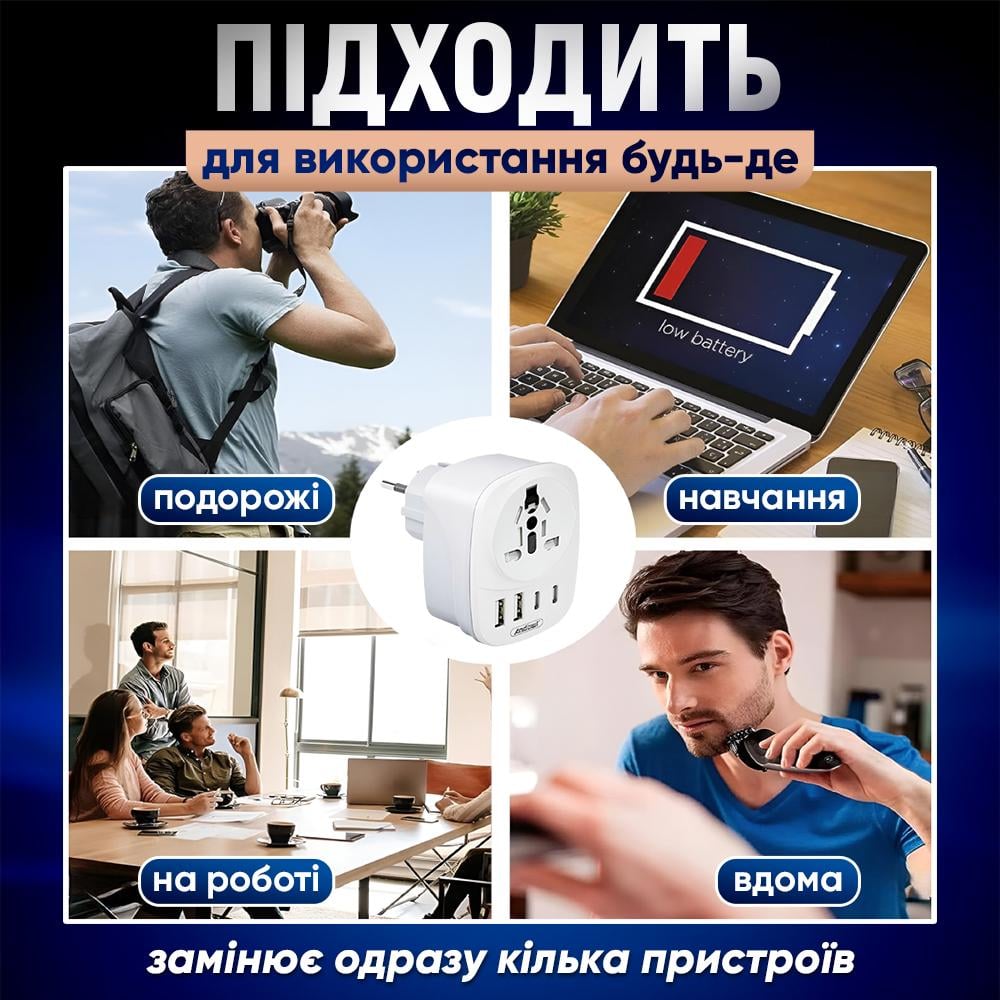 Сетевой переходник Andowl Q-A536X1 2500W между стандартами вилок типа A/C/I/E/F/G/B Белый (2637d5c3) - фото 7