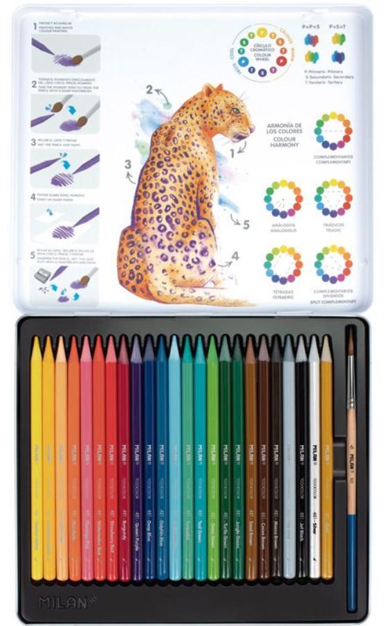 Набор цветных акварельных карандашей MILAN 24 шт. и кисточка коза №6