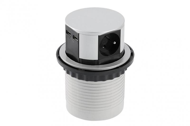 Удлинитель для офиса выдвижной круглый GTV Comfort на 3 розетки 2xUSB зарядки проволока 1,5 м Алюминий (AE-BPW3S100U-54)