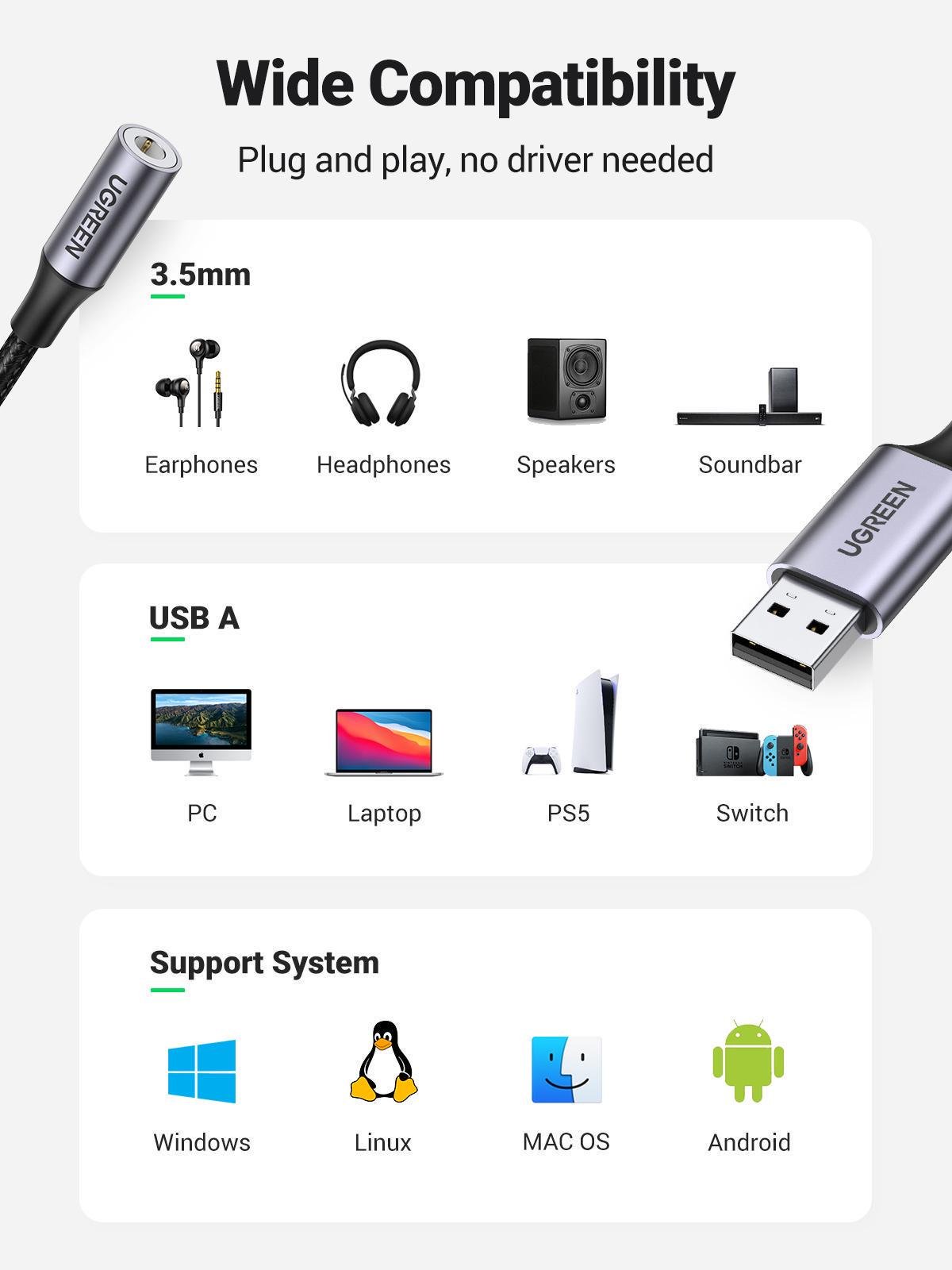 Звукова карта з підтримкою мікрофону UGREEN USB-3,5 мм minijack 24 біт/96 кГц TRRS AUX 4-піновий металевий Чорний (30757) - фото 17 Звукова карта з підтримкою мікрофону UGREEN USB-3,5 мм minijack 24 біт/96 кГц TRRS AUX 4-піновий металевий Чорний (30757) - фото 17