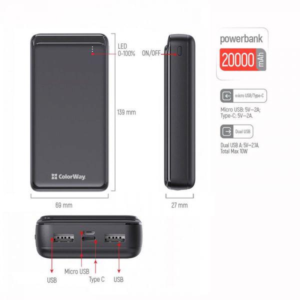 Повербанк ColorWay Slim 20000 mAh Black (CW-PB200LPD2BK) - фото 6