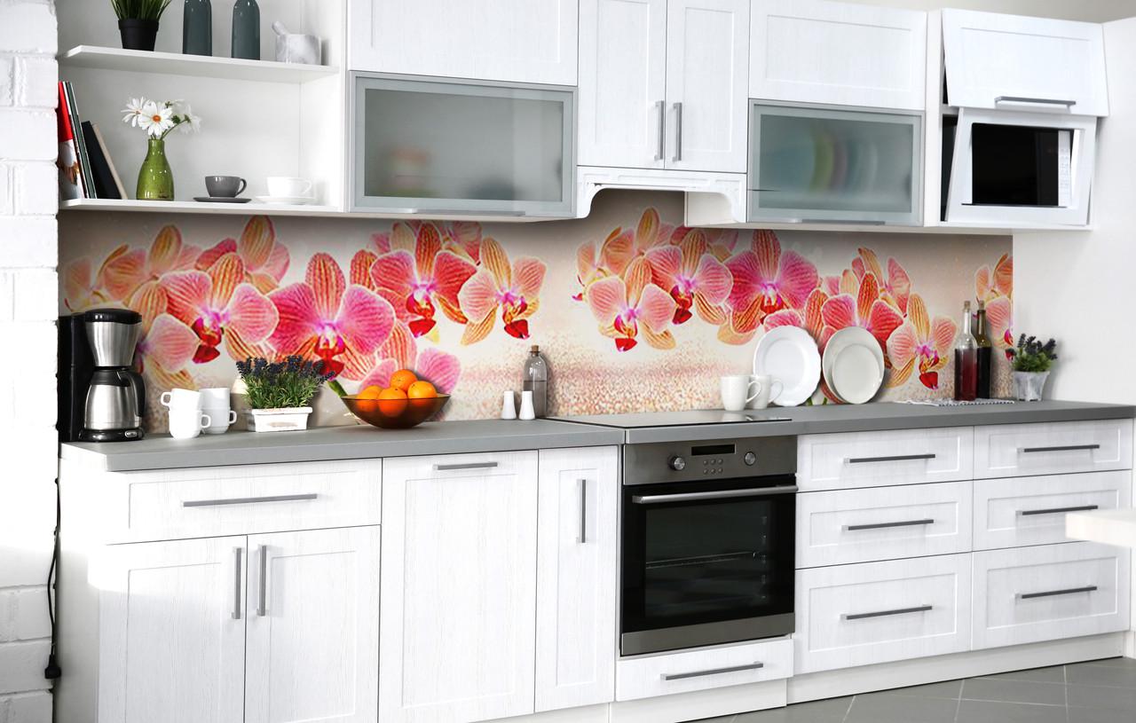 Кухонный фартук Свежие розовые орхидеи виниловый самоклеющийся 600х3000 мм Бежевый
