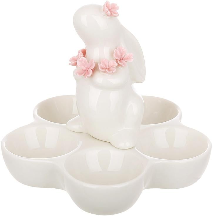 Подставка-блюдо фарфоровое для 5-ти яиц Зайка в цветах 14 см - фото 1