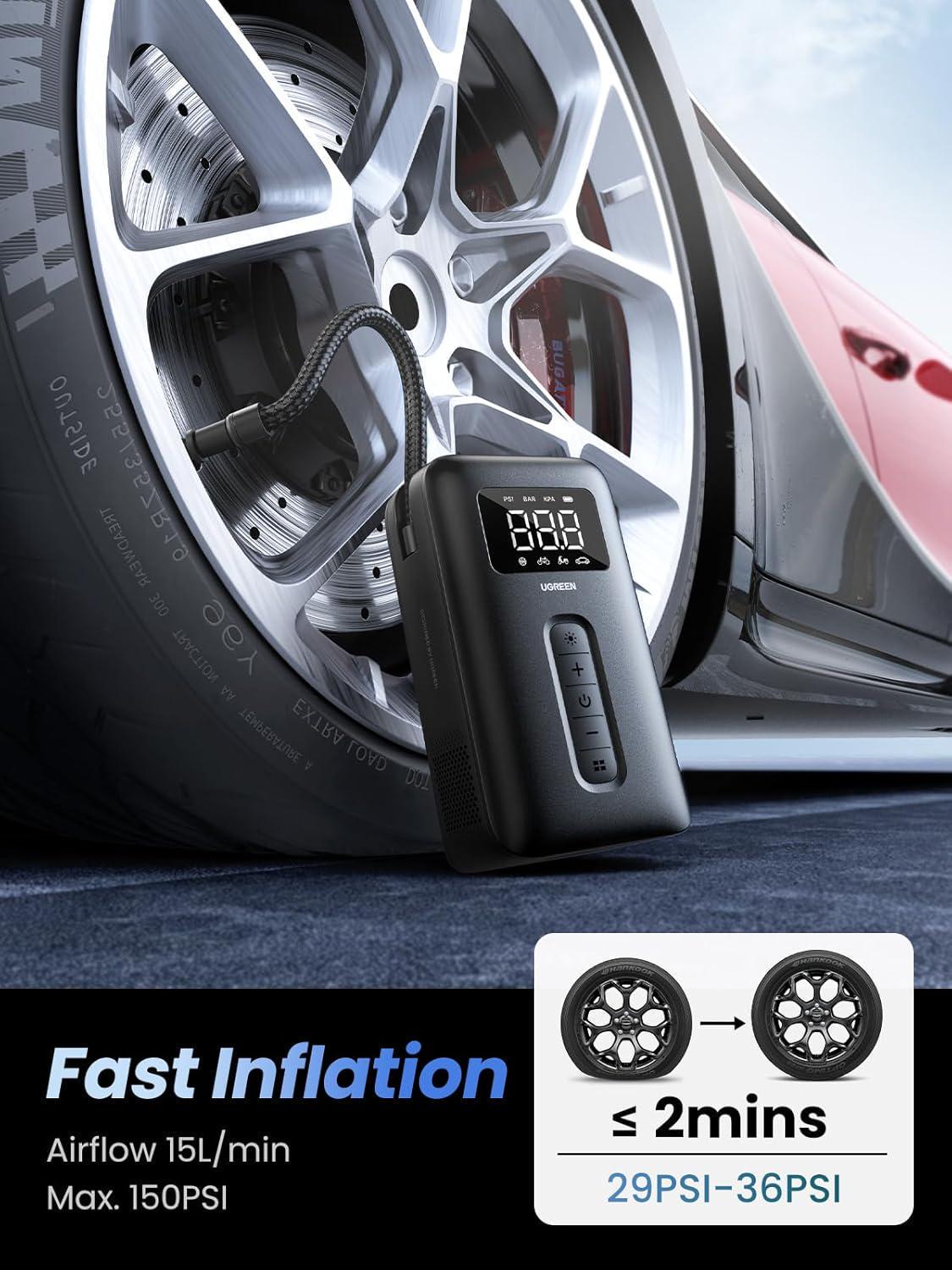 Насос автомобільний бездротовий UGREEN 150PSI з автоматичним вимкненням 2X 2500mAh Чорний (15951) - фото 2
