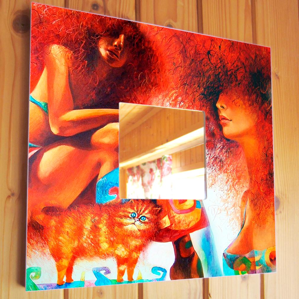 Зеркало декоративное Рыжие подружки с котиком в рамке 260х260 мм (M00009)